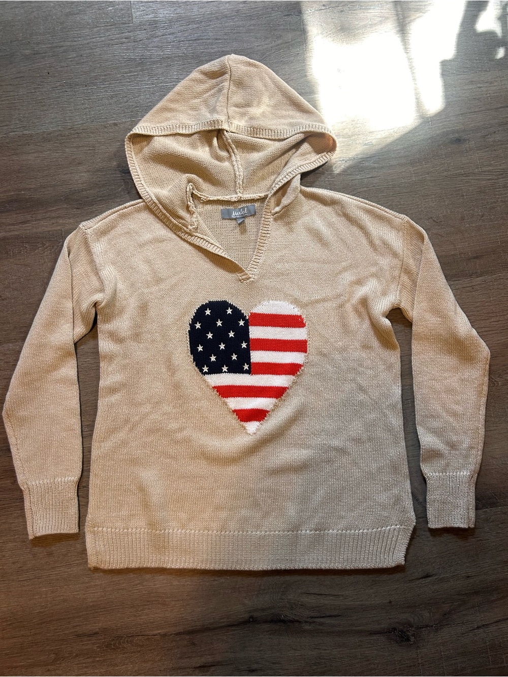 Marled Hooded Knit Pullover Sweater Womens S Beige American Flag Heart